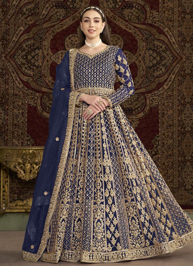 Net Blue Wedding Wear Emboidery Work Anarkali Suit